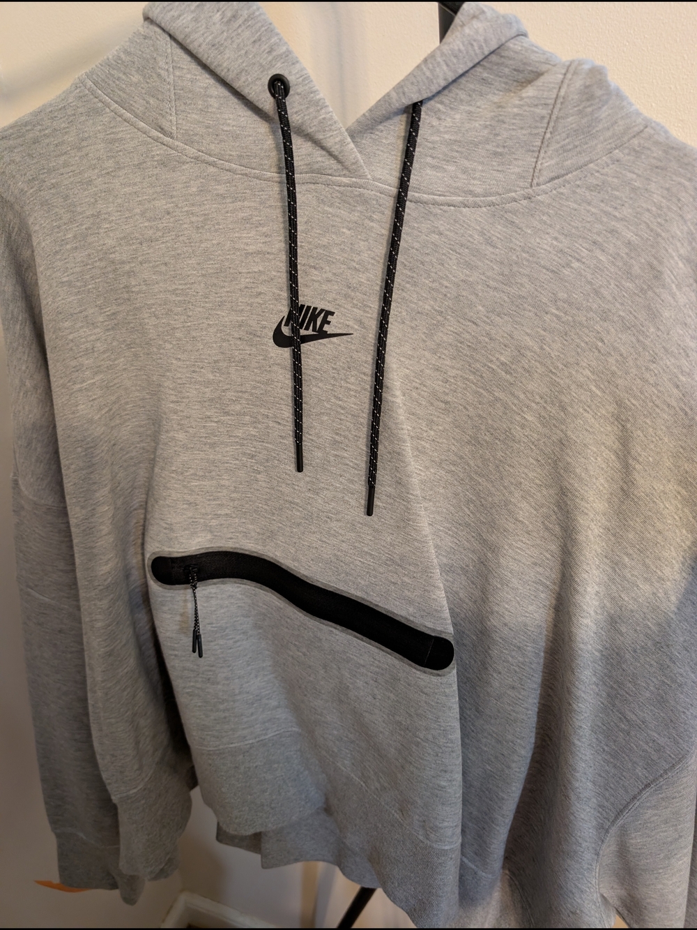 Nike Tech Light Gray Hoodie with Black Drawstrings